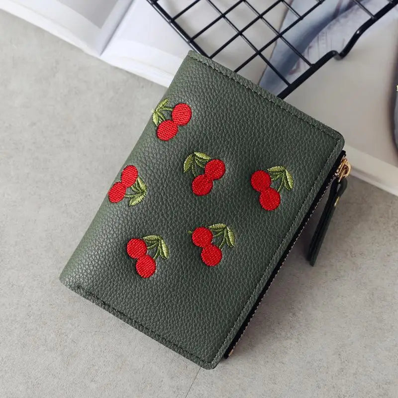 Women’s Cherry Embroidered Short Wallet – Simple Vertical Buckle Zipper Purse for Girls