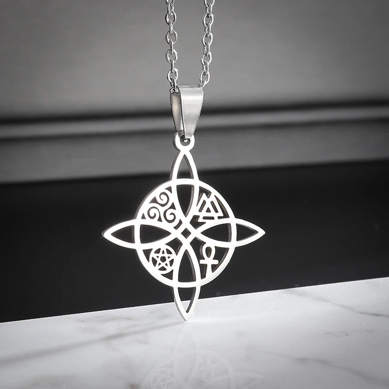 Witchcraft Witch Knot Necklace - Irish Trinity Knot Triple Spiral Pendant, Stainless Steel Ankh Cross Pentagram Amulet Jewelry