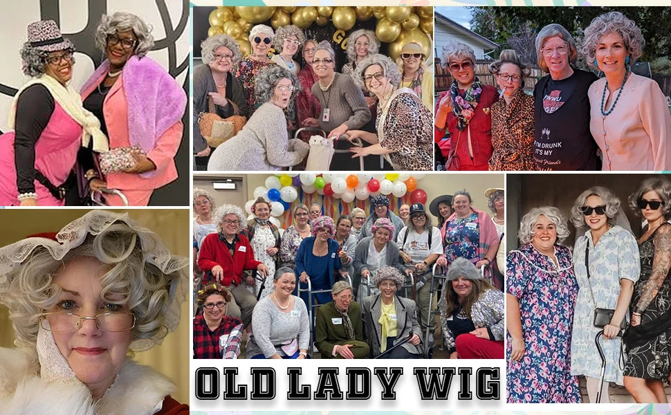 Synthetic Old Lady Wig Costume Set – Short Curly Silver White Grandma Wig & Glasses for Women, Granny Cosplay, Halloween Party