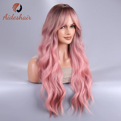 Long Body Wave Ombre Black Pink Cosplay Wigs: Heat Resistant Synthetic Wigs with Middle Part - Natural Lolita Wigs for Women