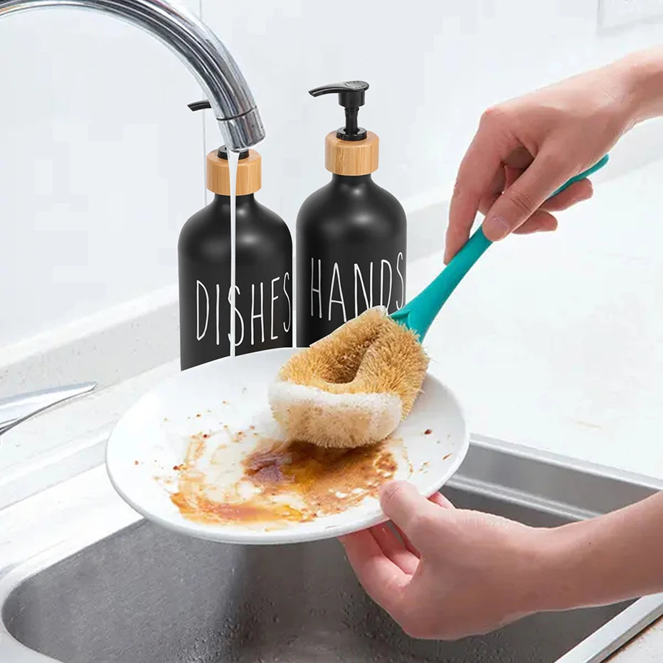 Black Dish Soap Dispenser Set for Kitchen Sink - Refillable Bottles for Hands Soap and Dishes Detergent Storage