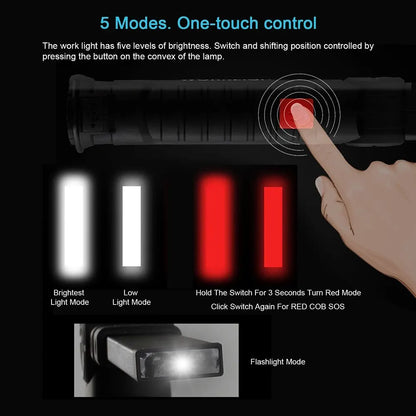 Rechargeable Camping LED Flashlight Work Light: IP64 Waterproof with Magnet and Hook - 5 Lighting Modes for Night Work