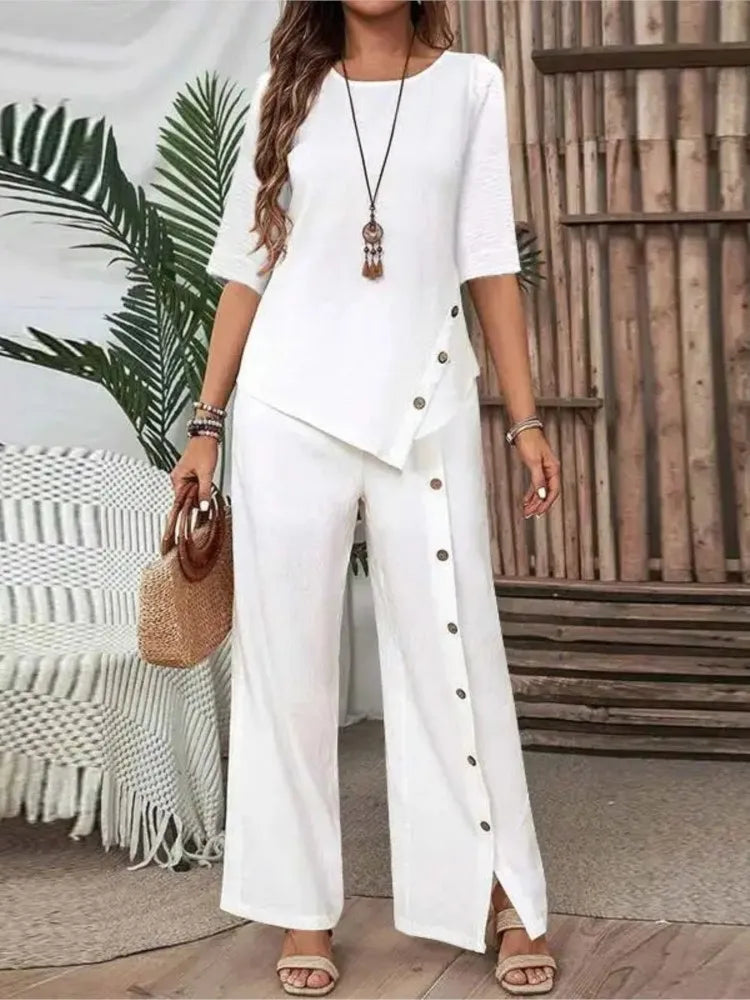 Women's Irregular Hem Two-Piece Set - Elegant Short-Sleeve Button Shirt & Loose Casual Trousers Outfit