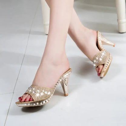 Women’s Summer Rhinestone High Heel Sandals – Sexy Gold & Silver Heeled Shoes