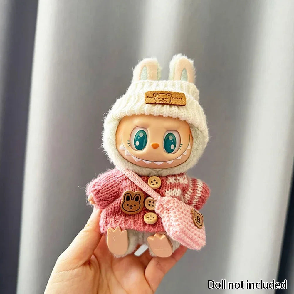 Labubu Doll Clothes Outfit (15-17cm) – Sitting Party Bear Accessories with Scarf, Hat & Bag