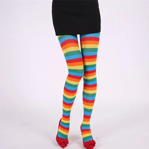 Goth Punk Women’s Rainbow Striped Pantyhose – High Waist Slim Leggings for Halloween Christmas Cosplay