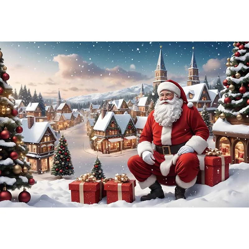 MOON.QG Christmas Santa Claus Village Backdrop – Holiday Photo Studio Background with Trees & Gifts for Home Decoration