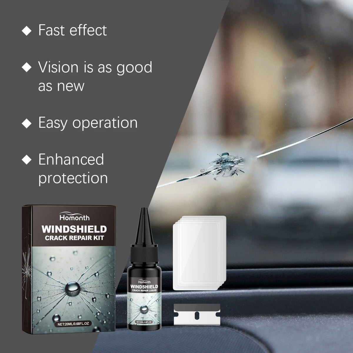 20ml Windshield Repair Kit - DIY Car Glass Crack Fix Tool with Resin, Curing Film and Scraper