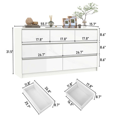 55-Inch Modern 7-Drawer Dresser – High Gloss White/Black Wooden Chest for Bedroom Storage