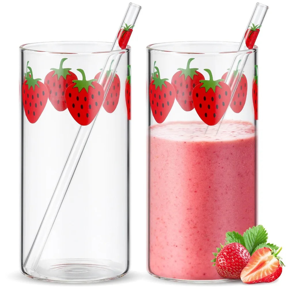16oz Glass Juice Cup with Straw – Berry Pattern Reusable Coffee & Milk Cup, Easy Clean Drinkware for Hot & Cold Beverages (1/2PCS)
