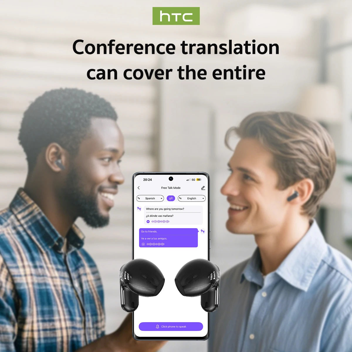 HTC NE20 Bluetooth 6.0 Translator Wireless Earbuds – Real-Time Translation Headphones, IPX4 Waterproof, Long Battery Life