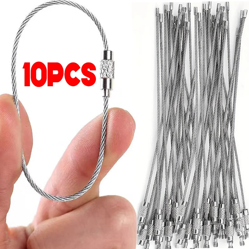 Metal Keychain Tag with Stainless Steel Wire Cable - Screw Lock Gadget Ring for Camping & Hardware