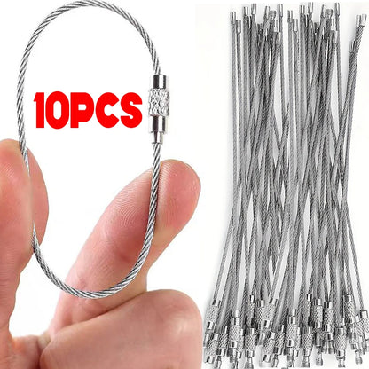 Metal Keychain Tag with Stainless Steel Wire Cable - Screw Lock Gadget Ring for Camping & Hardware