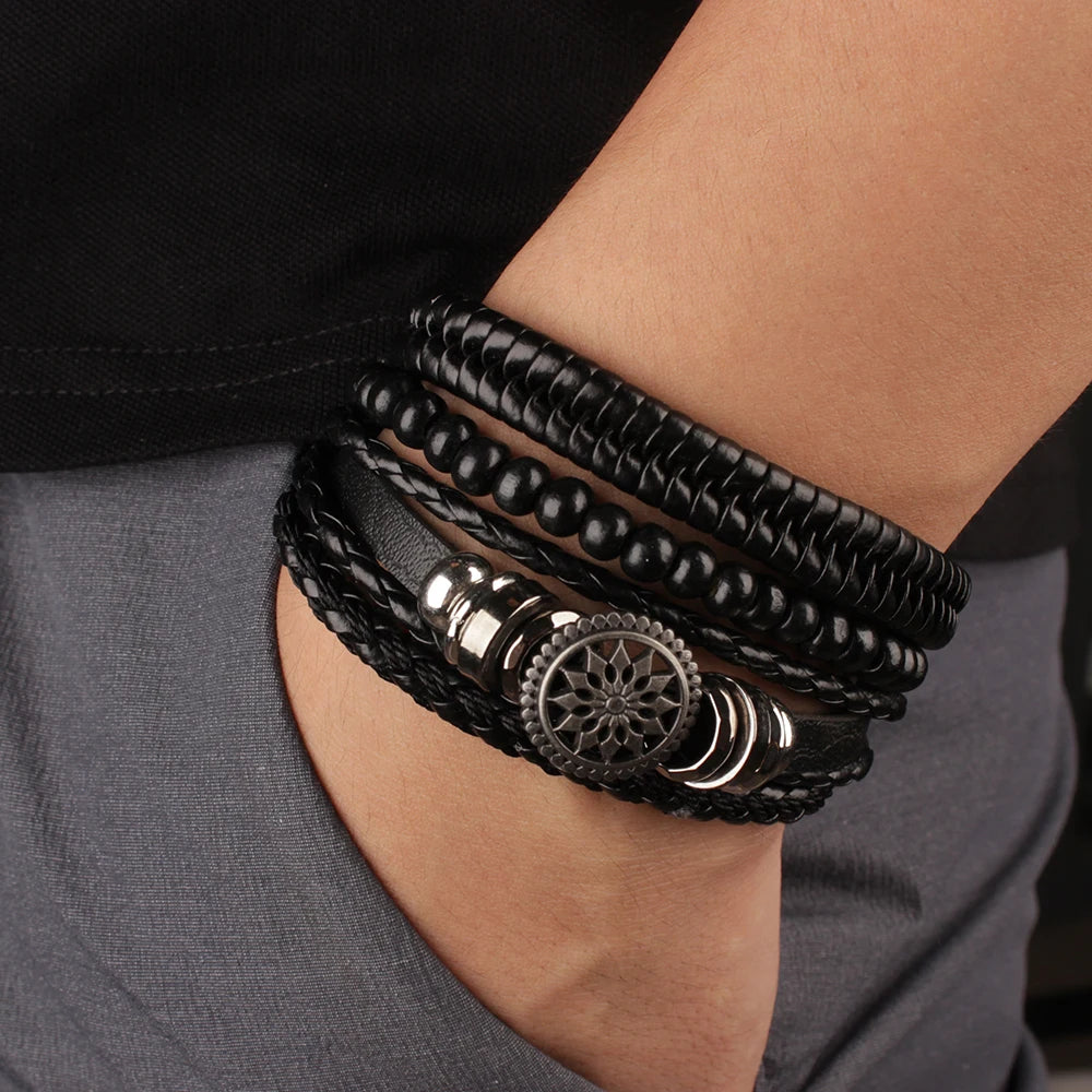 4Pcs Men's Braided Leather Bracelets Set – Vintage Life Tree & Rudder Charms, Wood Beads, Ethnic Tribal Wristbands