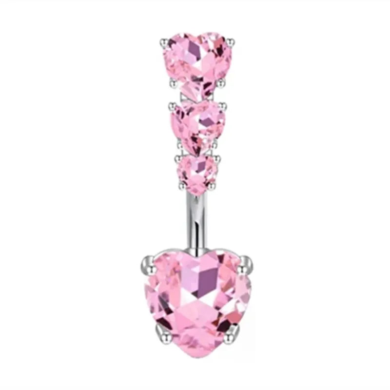 Pink Crown Belly Button Ring – Stainless Steel Heart Navel Piercing Barbell with Crystal for Women & Girls