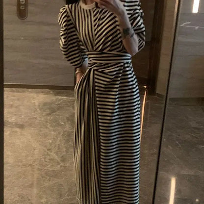 Women’s Summer French Striped Dress – Puff Sleeve Slim Waist Casual Runway Vestidos Robe