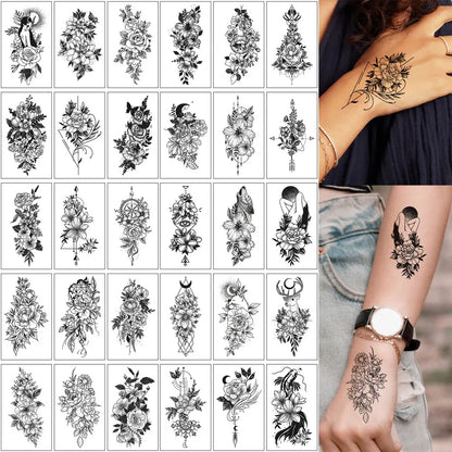 30pcs Black Temporary Tattoo Stickers - Flower Butterfly Rose Moon Star Mandala Designs for Hand, Chest & Body Art