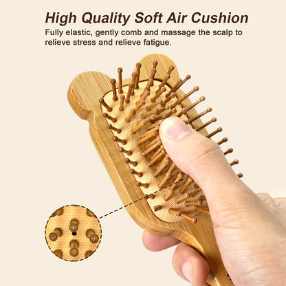 Bamboo Hair Brush with Wide Teeth & Air Bag - Smooth Scalp Massage Comb for Women Hairdressing Styling Tools