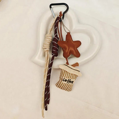Kawaii Cartoon Linen Embroidery Coffee Bread Keychain - Cute Leather Heart Pendant Bag Charm Car Keychain Accessory