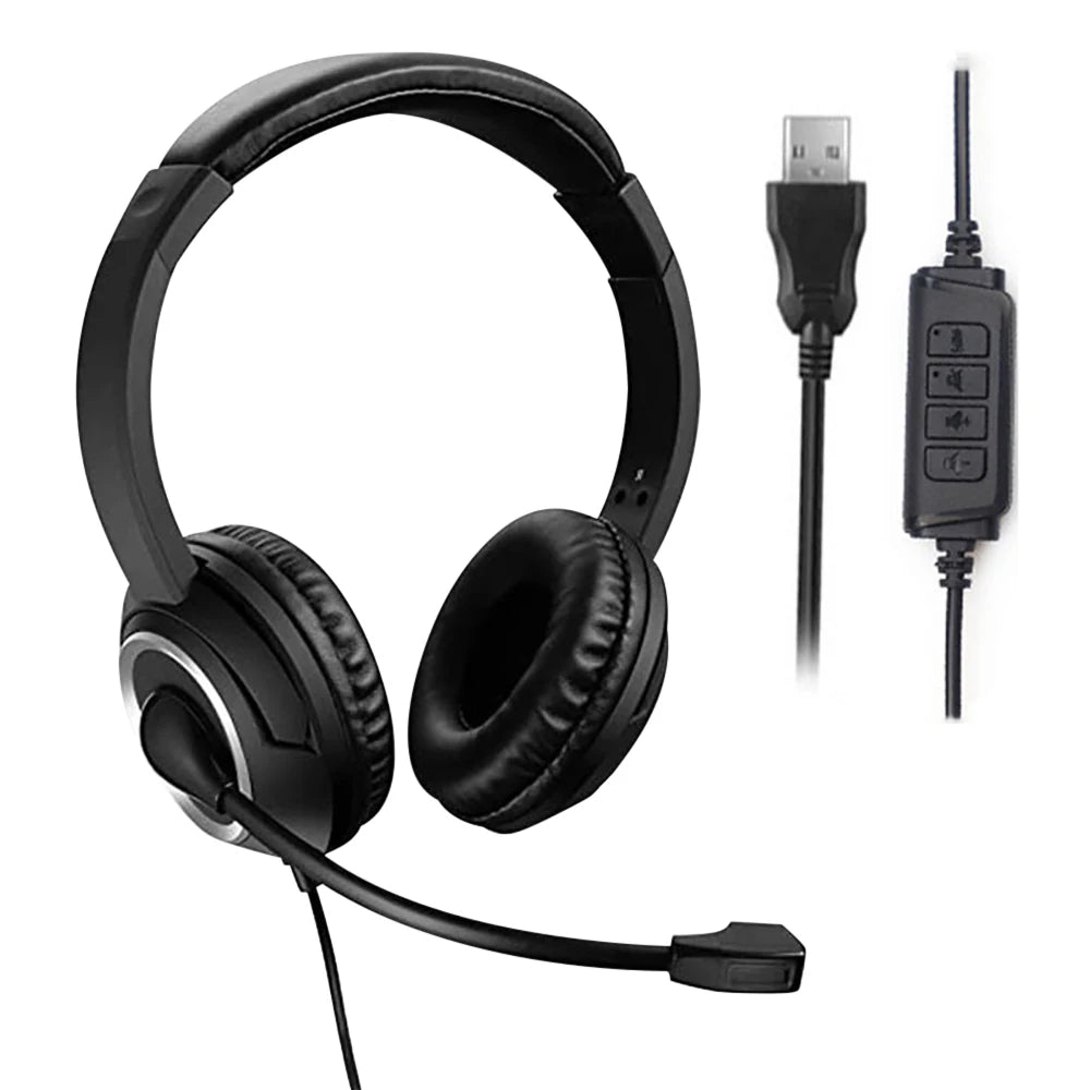 USB Business Headset with Rotatable Mic – 3.5mm Noise-Cancelling Headphones with Mic Mute for PC & Call Centers