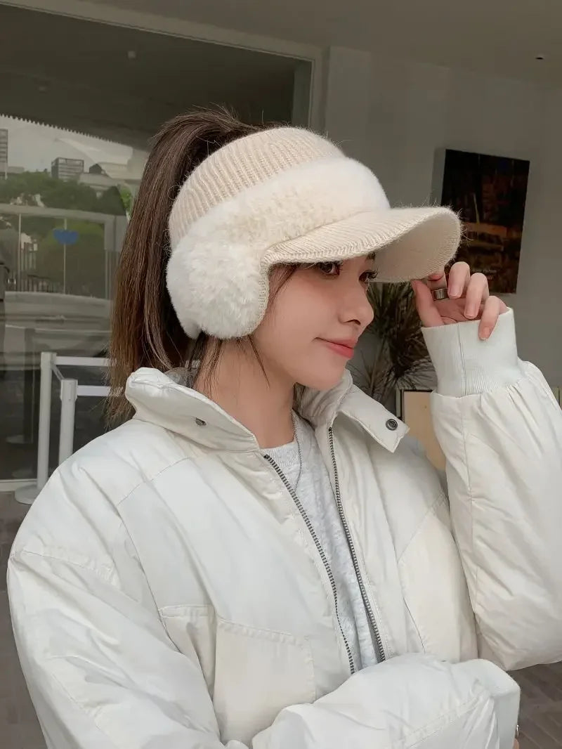 Winter Hats for Women 2023 – Fashionable Knitted Earflap Baseball Cap, Windproof Ponytail Visor for Outdoor Sports