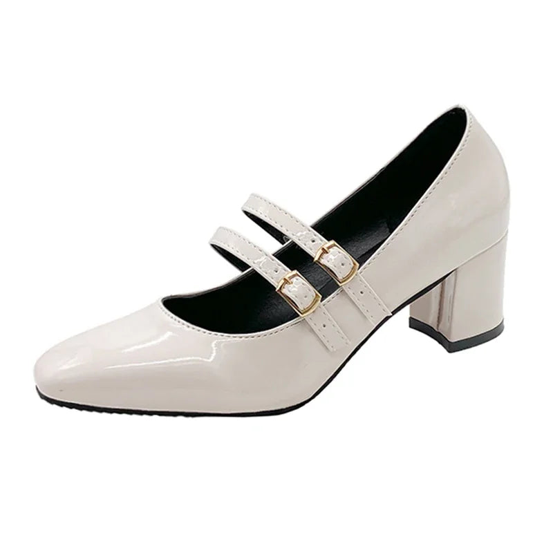 Elegant Women’s Mary Jane Chunky Heels – Square Toe Patent Leather Pumps with Double Ankle Strap