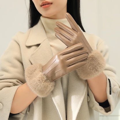 Women’s Winter Faux Fur Gloves - Warm PU Leather Gloves with Thermal Lining and Windproof Cuffs