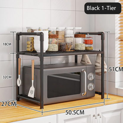 Extra Wide 2-Tier Microwave Stand — Heavy-Duty Kitchen Shelf with Handrail Hooks, Non-Slip Rack for Oven, Toaster & Spices