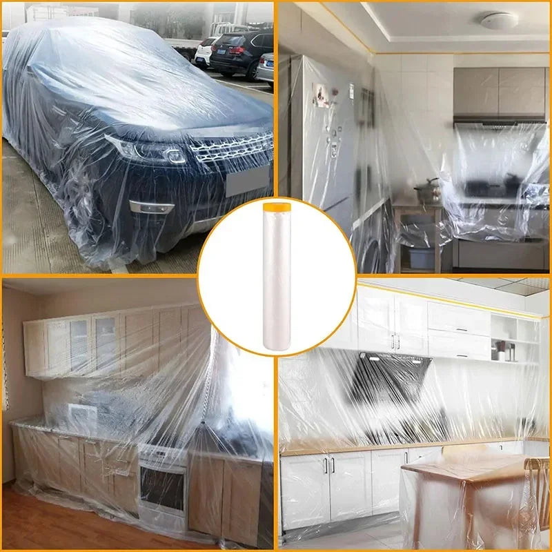 10M Pre-Taped Masking Film Disposable Dust-Proof Plastic Drop Cloth for Painting & Furniture Protection