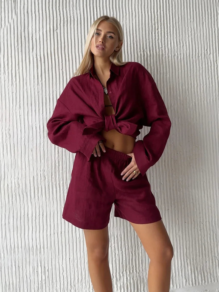 Bornladies Women’s Cotton Casual Shorts Set – Solid Color Lapel Long Sleeve Shirt & Elastic Waist Shorts Outfit for Daily Wear & Vacation Style
