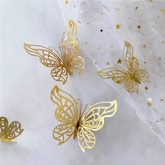 12PCS 3D Hollow Butterfly Wall Stickers – Gold, Silver & Rose Decorative Decals for Wedding, Living Room & Home Decor
