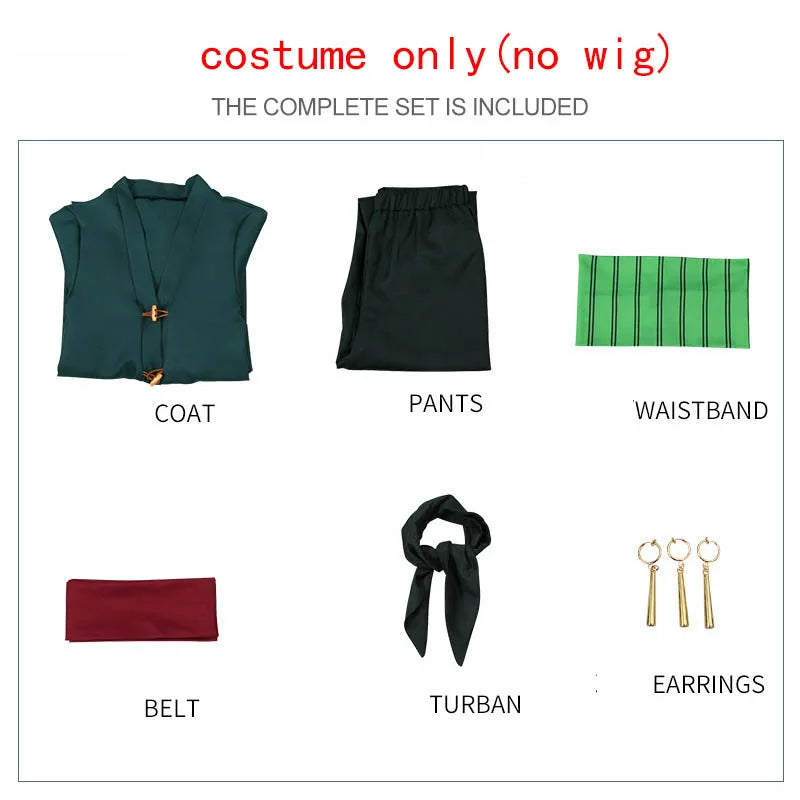 Roronoa Zoro Cosplay Costume – Anime Kimono Robe Cloak Uniform Outfit with Earrings, Halloween & Comic Con Roleplay Dress Up Suit