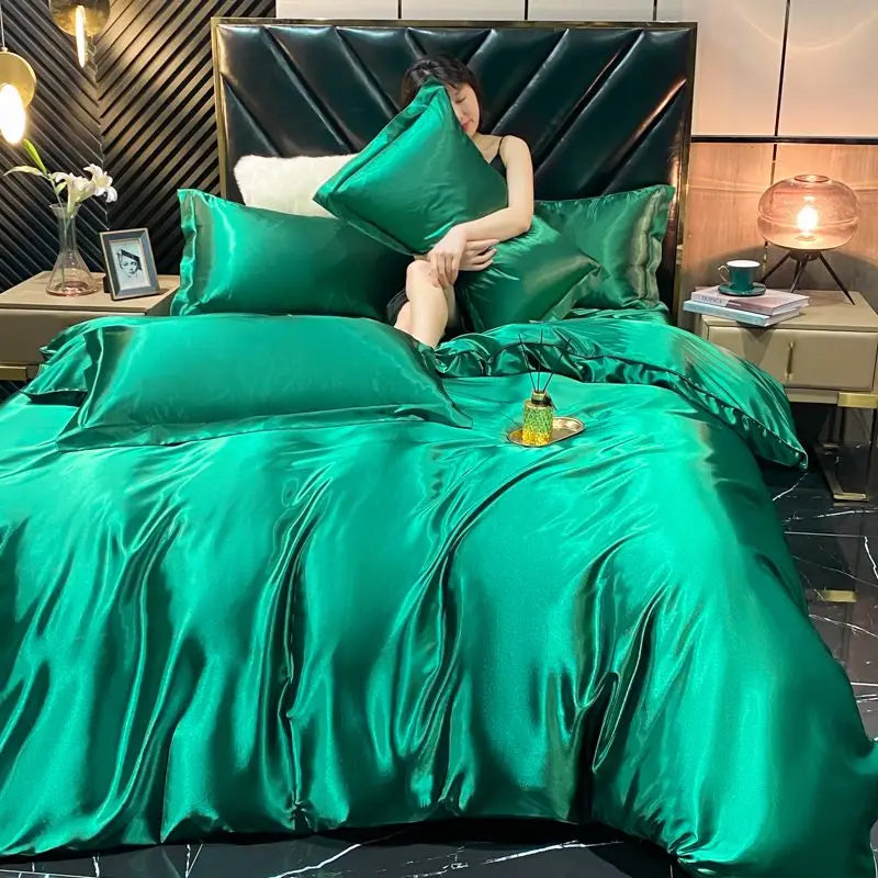 Solid Rayon Silk Bedding Set - Luxury Satin Duvet Cover Bed Sheet Pillowcase Set For King Single Double Couple Beds