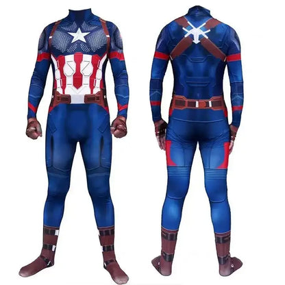 Captain America Cosplay Costume – Superhero Jumpsuit Bodysuit for Adults & Kids, Halloween Party Zentai, Asian Size