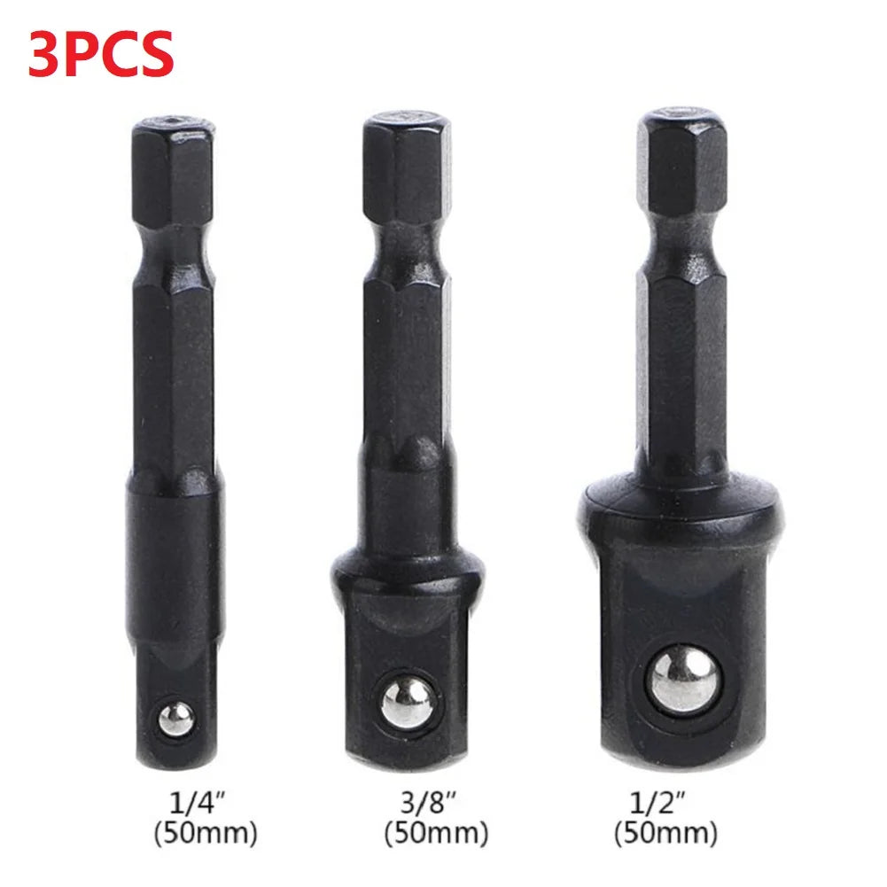 3pcs Impact Socket Adapter Set – 1/4", 3/8", 1/2" Hex Shank Nut Driver Extensions for Screwdrivers