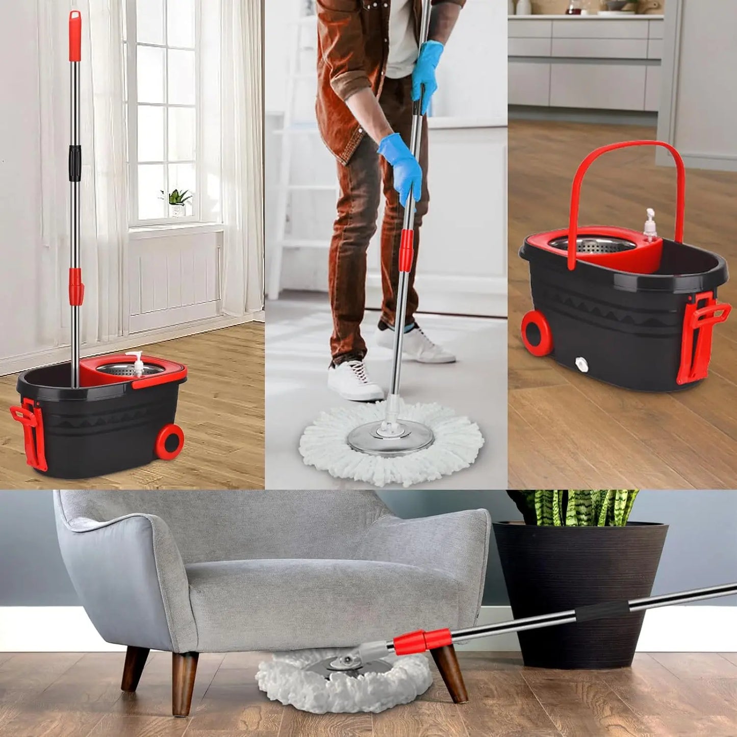 Black Spin Mop Bucket Set with Wringer – Wheeled Bucket, Adjustable Handle & 3 Replacement Mop Refills