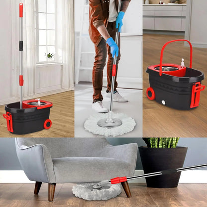 Black Spin Mop Bucket Set with Wringer – Wheeled Bucket, Adjustable Handle & 3 Replacement Mop Refills