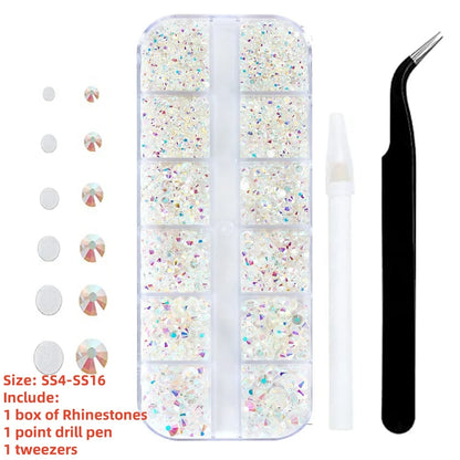 12-Grid 3D Glass AB Crystal Nail Art Rhinestones Kit – Flatback Round Beads with Tools for Nail Jewelry & Diamond Decoration