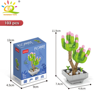 HUIQIBAO MOC Flower & Succulent Potted Building Block Set – DIY Eternal Bouquet, Home Desk Plant Decor, Girls & Kids Toy Gift