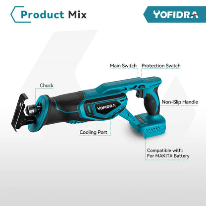 YOFIDRA 3000W Brushless Reciprocating Saw — 4-Blade Multifunction Metal, Wood & Pipe Cutter for 18V/21V Battery