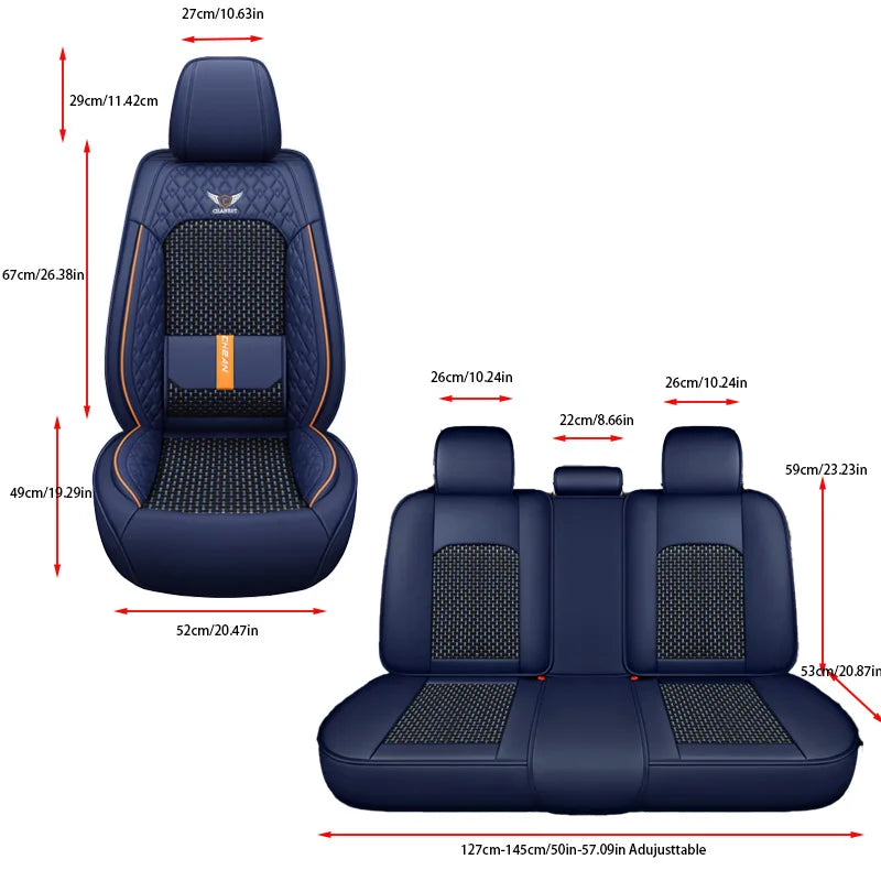 Universal 5-Seat Nappa Leather Car Seat Covers - Four-Season Ice Silk Cushion Set with Fixed Lumbar Support for Most Cars