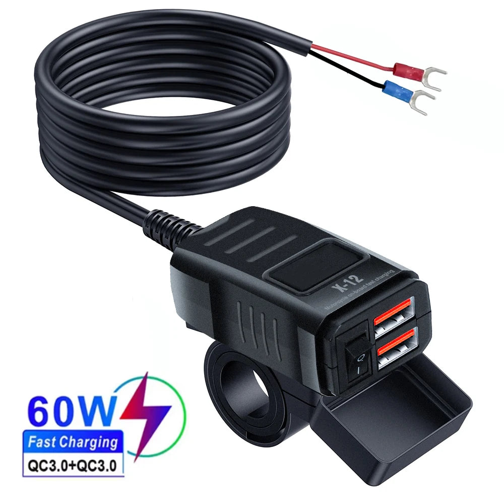 PD QC3.0 Motorcycle USB Fast Charger 60W – Dual USB Handlebar Socket with Switch & Voltmeter Waterproof 12V Power Adapter