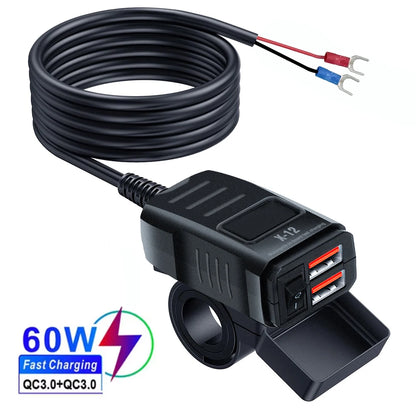 PD QC3.0 Motorcycle USB Fast Charger 60W – Dual USB Handlebar Socket with Switch & Voltmeter Waterproof 12V Power Adapter