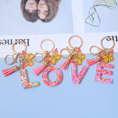 A-Z Letter Acrylic Keychain - Pink Butterfly Tassel Bag Charm & Key Ring