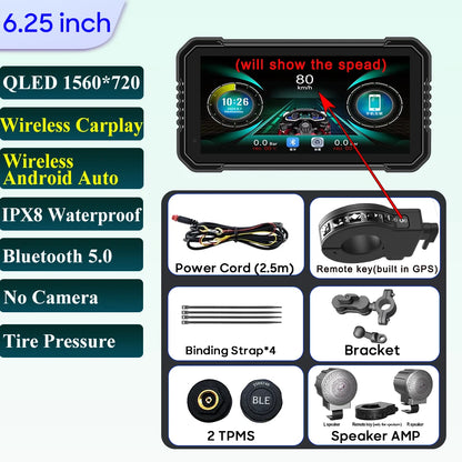 6.25-Inch Motorcycle GPS Navigation Screen with Wireless CarPlay & Android Auto – 1560x720 Resolution, Motor DVR Monitor, TPMS Optional