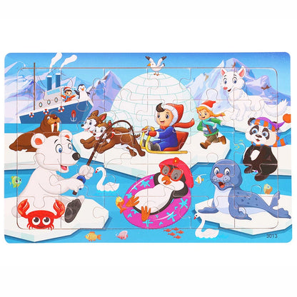 30PCS Wooden Jigsaw Puzzle – Cartoon Animal & Vehicle Educational Toys for Kids