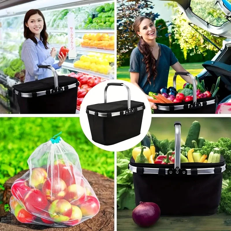 Insulated Picnic & Shopping Basket — Waterproof Foldable Cooler with Locking Lid for Outdoor Food Storage