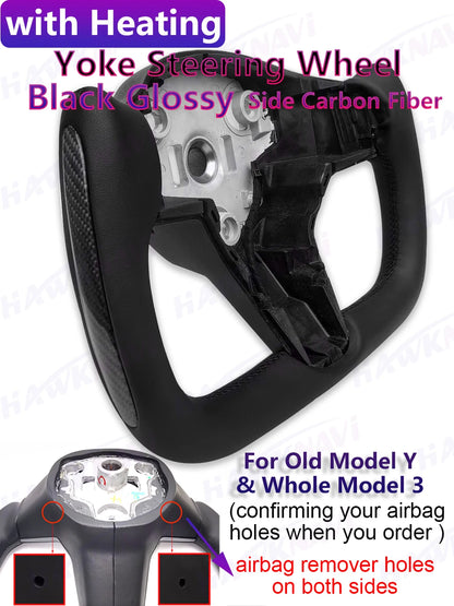 Hawknavi 350mm Yoke Steering Wheel – Leather Racing Style for Tesla Model 3 & Model Y, Heated Optional, White & Black