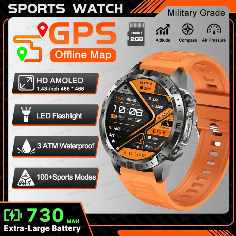 All-Terrain GPS Sports Smartwatch - Offline Maps, Altimeter, Barometer, Compass, 3ATM Waterproof & 730mAh Battery