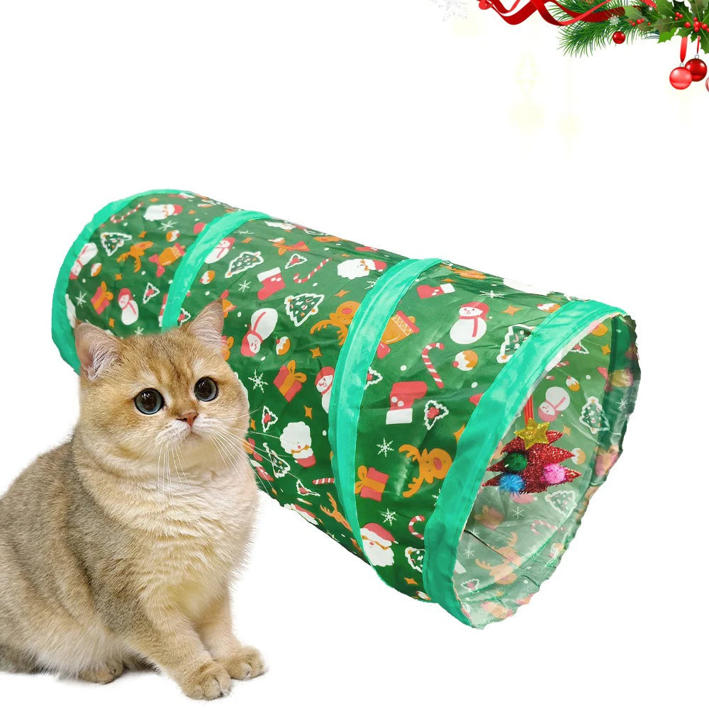 Christmas Cat Tunnel for Indoor Cats – Foldable Green Interactive Pet Play Tunnel for Kittens, Breathable Cat Exercise Toy